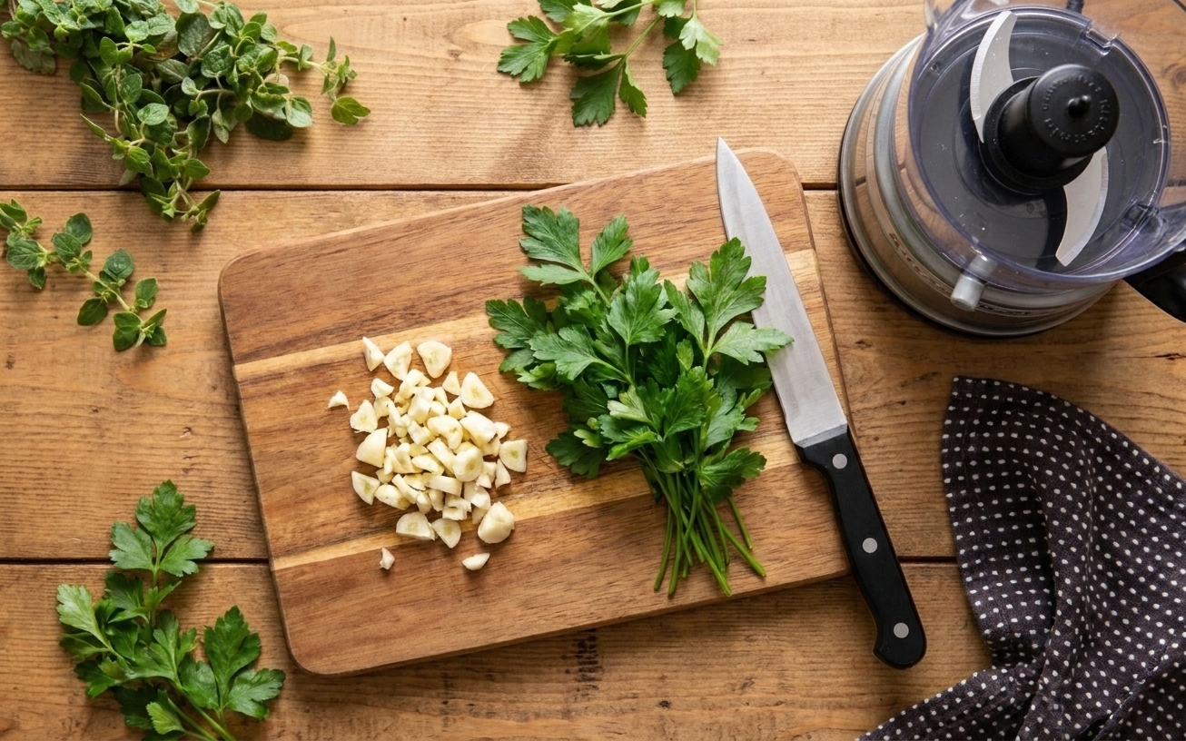 Fresh parsley and chopped garlic on a cutting board beside a knife, ready to be added to a food processor