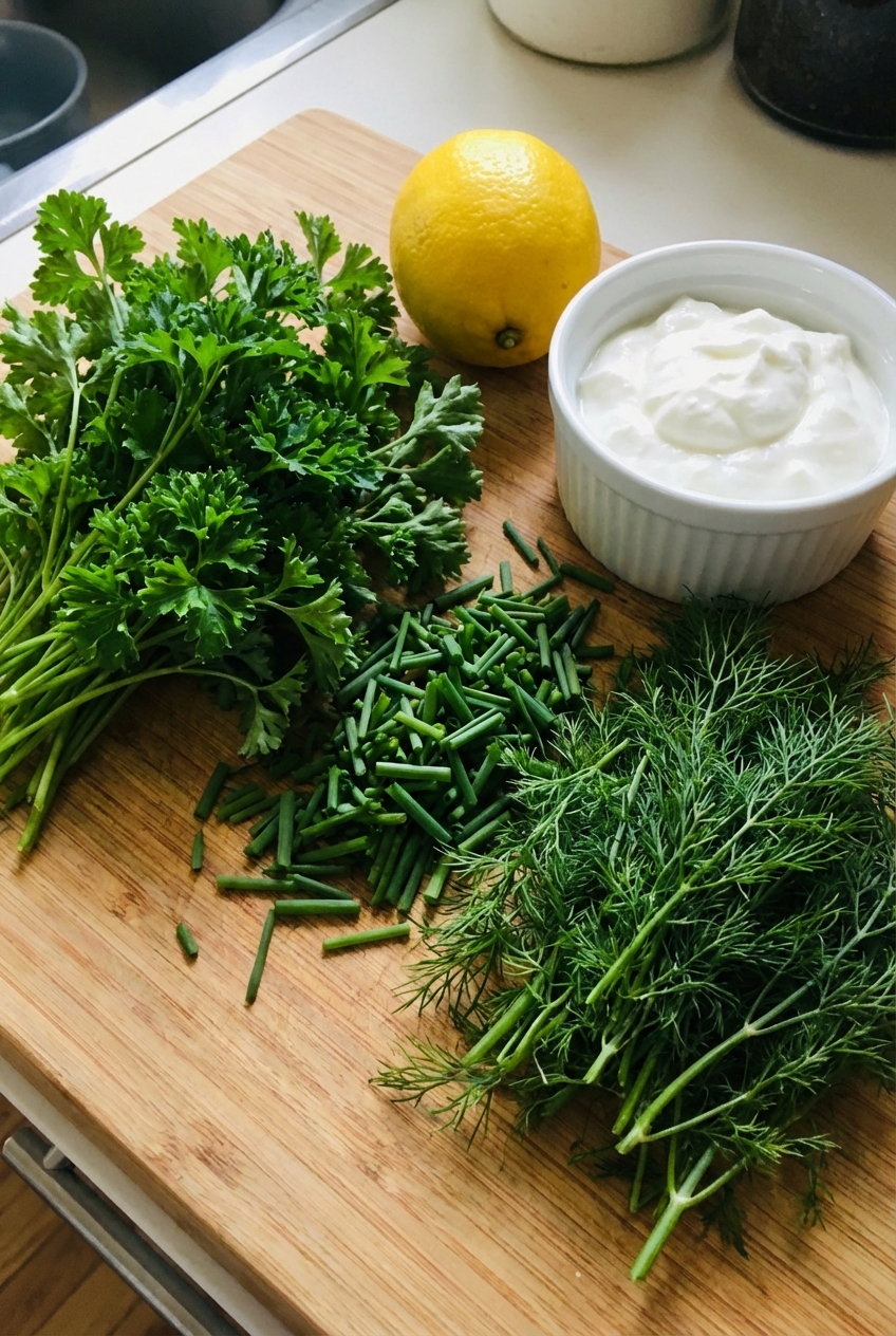 Fresh parsley, chives, and dill piled on a cutting board with a lemon and a small bowl of Greek yogurt