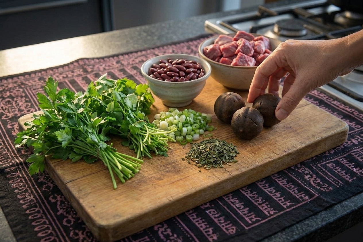 Fresh parsley, cilantro, scallions, dried fenugreek, dried limes, kidney beans, and cubed beef arranged on a wooden kitchen counter with warm natural light