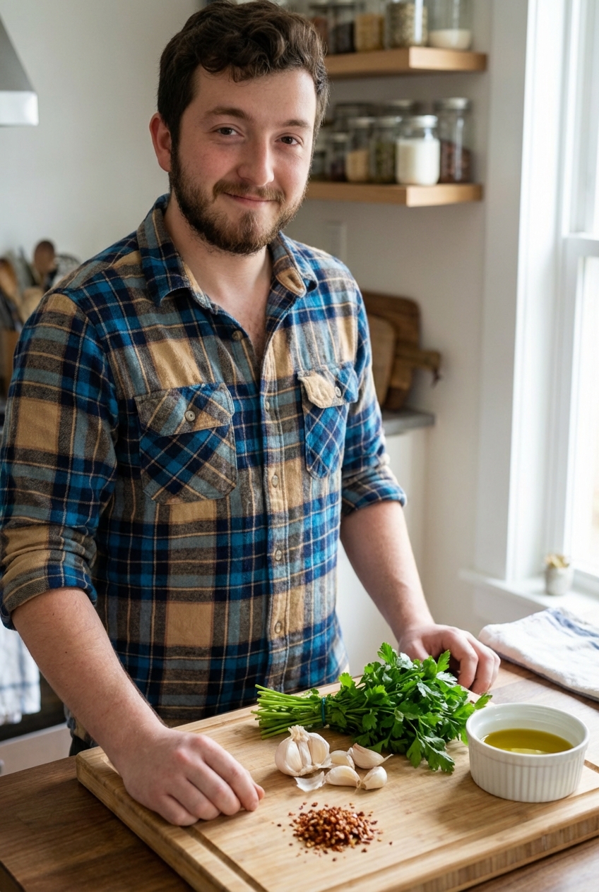 Fresh parsley, garlic cloves, and red pepper flakes arranged on a cutting board next to a small bowl of olive oil