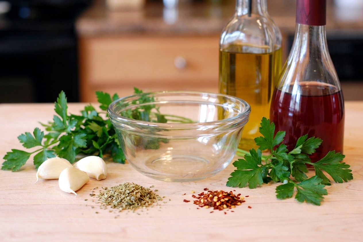 Fresh parsley, garlic cloves, dried oregano, red pepper flakes, olive oil, and red wine vinegar arranged on a light kitchen counter with a small mixing bowl
