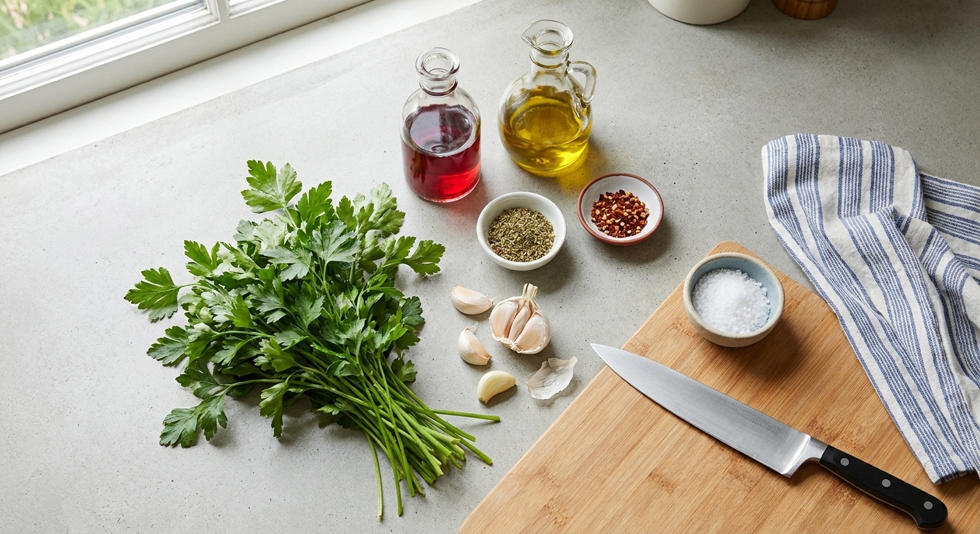 Fresh parsley, garlic cloves, red wine vinegar, olive oil, dried oregano, red pepper flakes, and salt arranged on a light-colored kitchen counter
