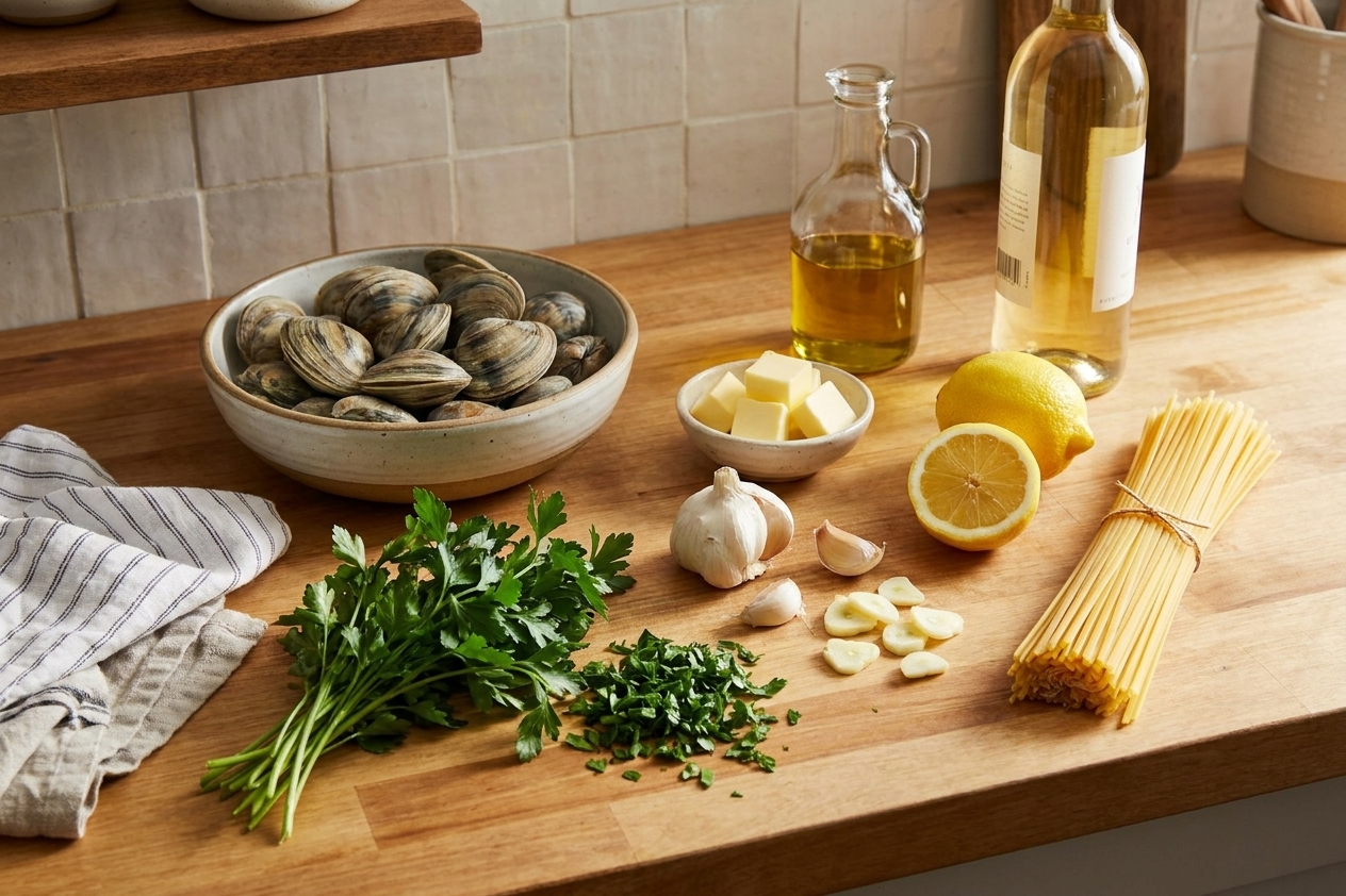 Fresh parsley, garlic, lemon, olive oil, butter, dry white wine, linguine, and a bowl of clams arranged on a clean kitchen counter in warm natural light