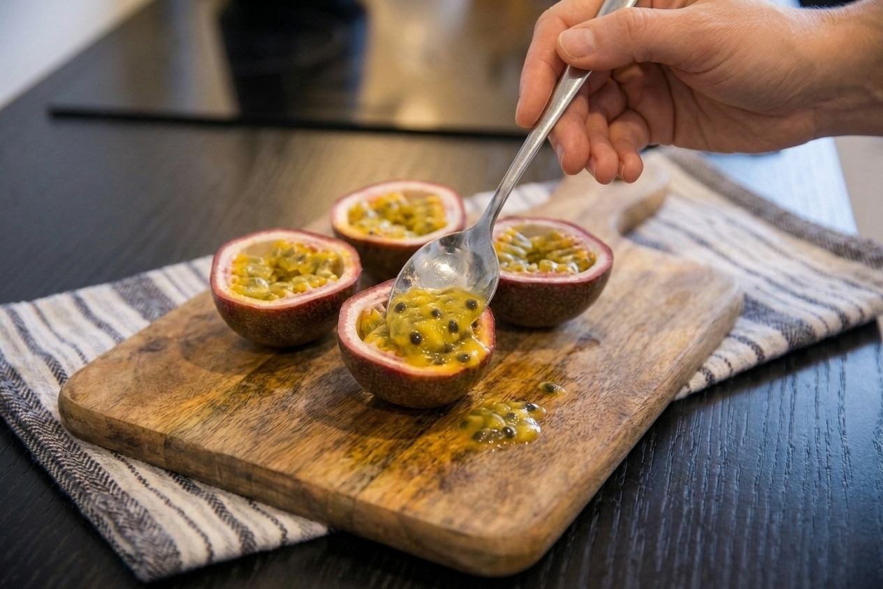 Fresh passionfruit halves on a wooden cutting board with a spoon scooping out the seedy pulp under warm kitchen lighting
