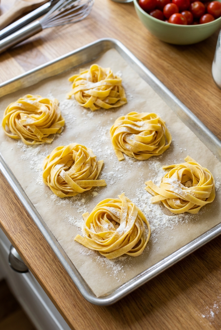 Fresh pasta nests on a parchment-lined sheet pan, lightly dusted with flour