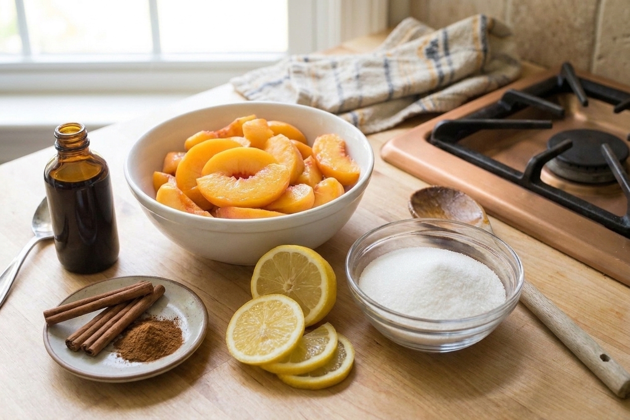 Fresh peaches, a bowl of sugar, a cut lemon, cinnamon, and vanilla arranged on a light kitchen counter with soft natural window light