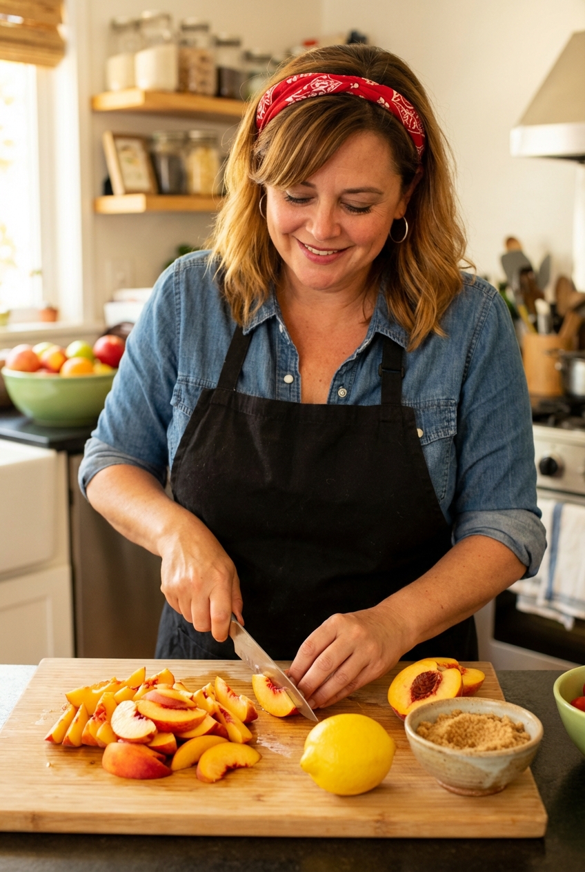 Fresh peaches being sliced on a wooden cutting board next to a lemon and a small bowl of brown sugar