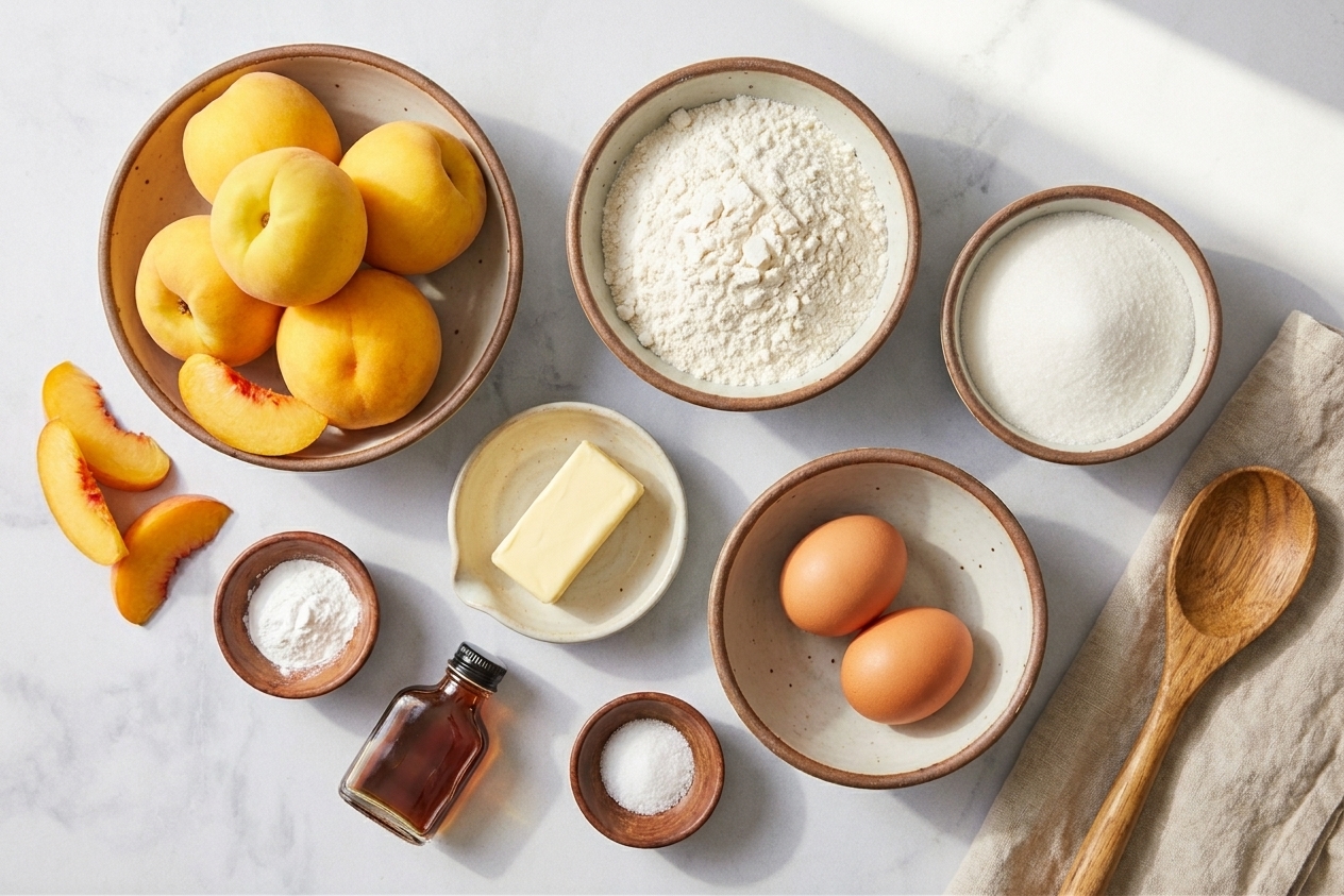 Fresh peaches, flour, sugar, butter, eggs, and baking staples arranged on a clean kitchen counter in small bowls, bright natural light