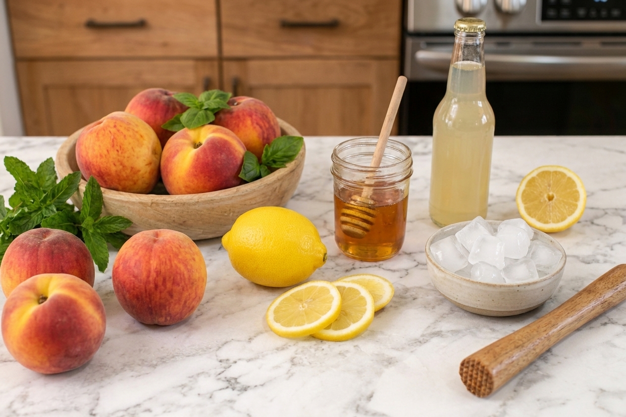 Fresh peaches, lemon, mint, ginger beer, honey, and a small bowl of ice arranged on a clean kitchen counter