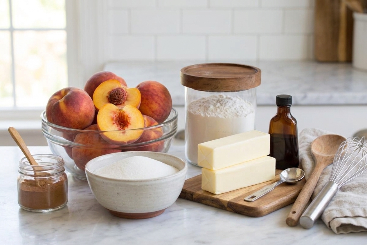 Fresh peaches, sugar, cinnamon, flour, butter, and vanilla arranged on a clean kitchen counter with warm natural light