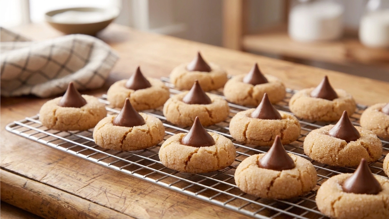 Fresh peanut blossom cookies cooling on a wire rack with chocolate kisses in the center under warm kitchen lighting