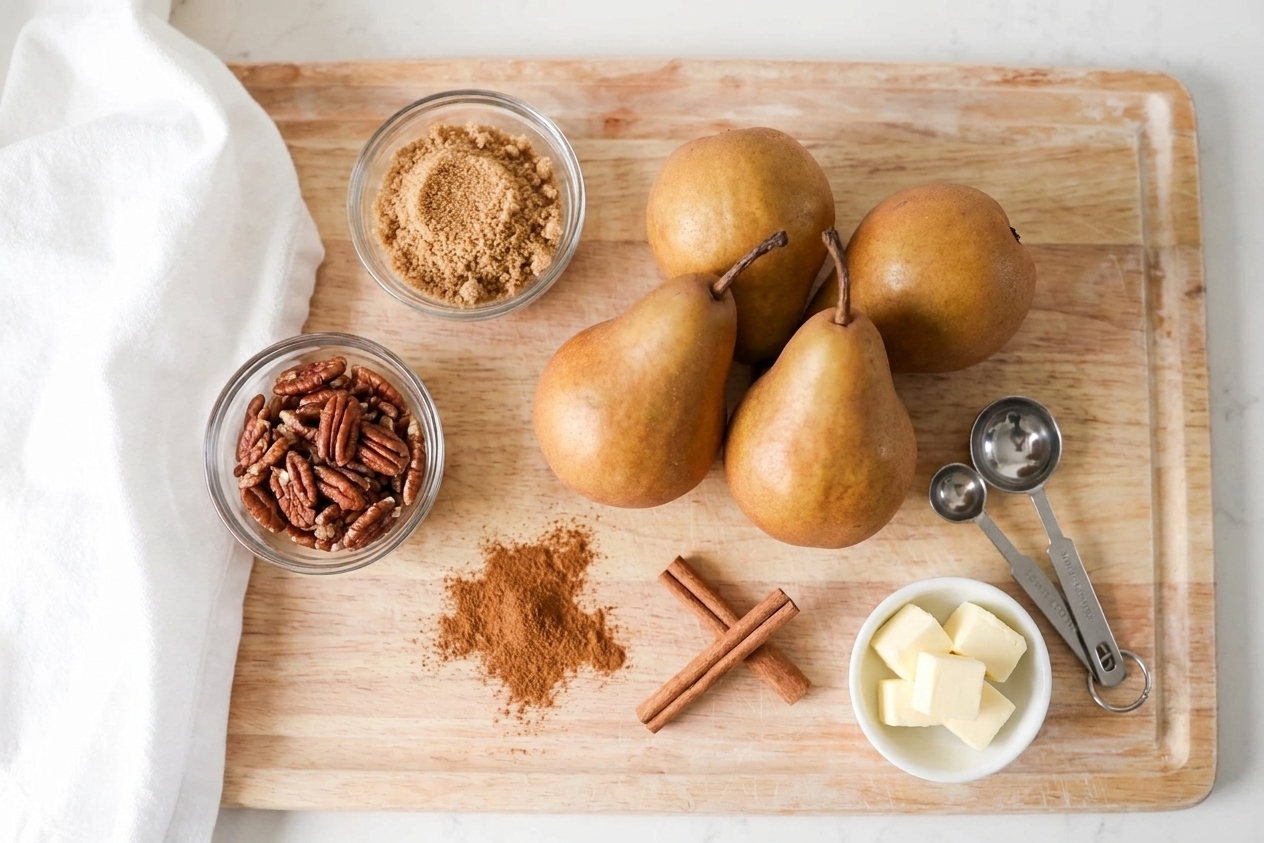 Fresh pears, brown sugar, cinnamon, and butter arranged on a kitchen counter with measuring spoons nearby