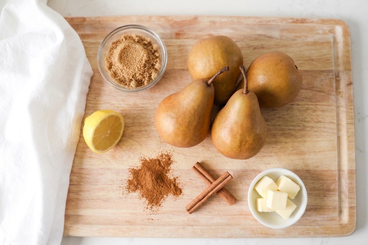 Fresh pears on a cutting board with a lemon wedge, cinnamon, and brown sugar ready for baking