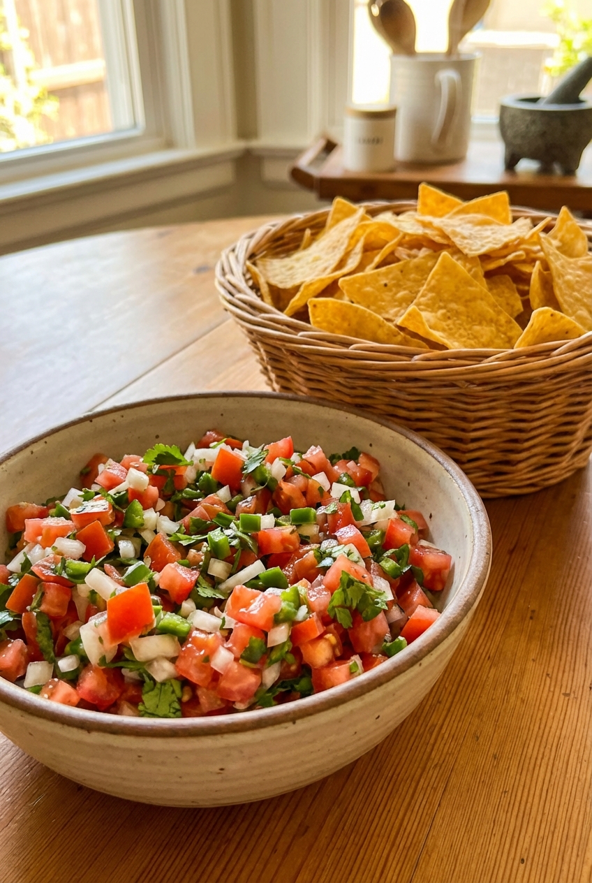 Fresh pico de gallo in a bowl with tortilla chips nearby
