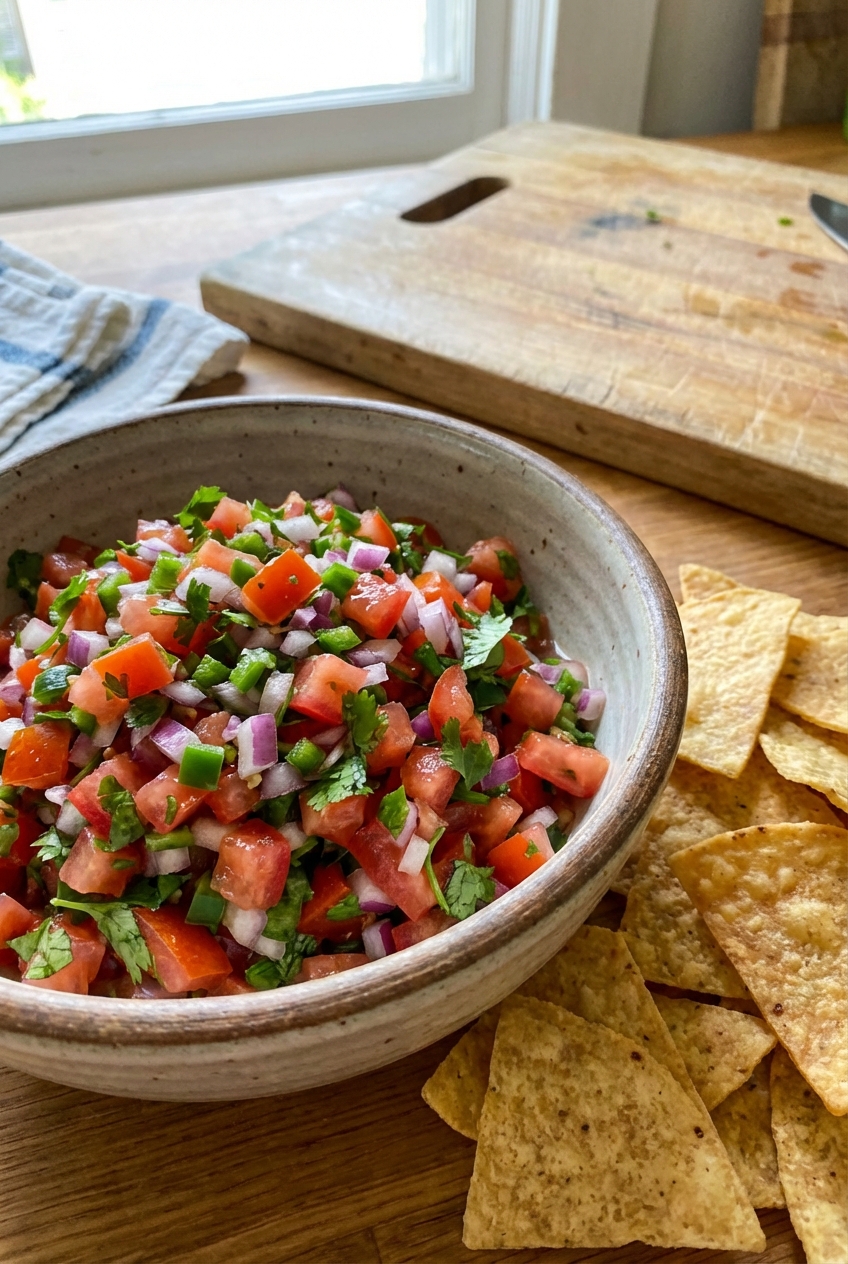 Fresh pico de gallo in a ceramic bowl with tortilla chips