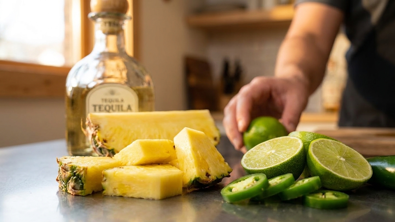 Fresh pineapple chunks, halved limes, sliced jalapeño, and a bottle of tequila arranged on a tidy kitchen counter in warm natural light