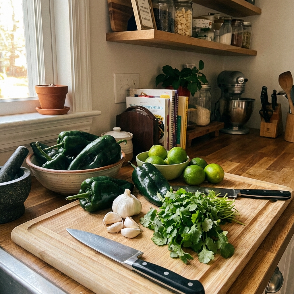 Fresh poblano peppers, garlic cloves, cilantro, and limes arranged on a kitchen counter ready for prepping