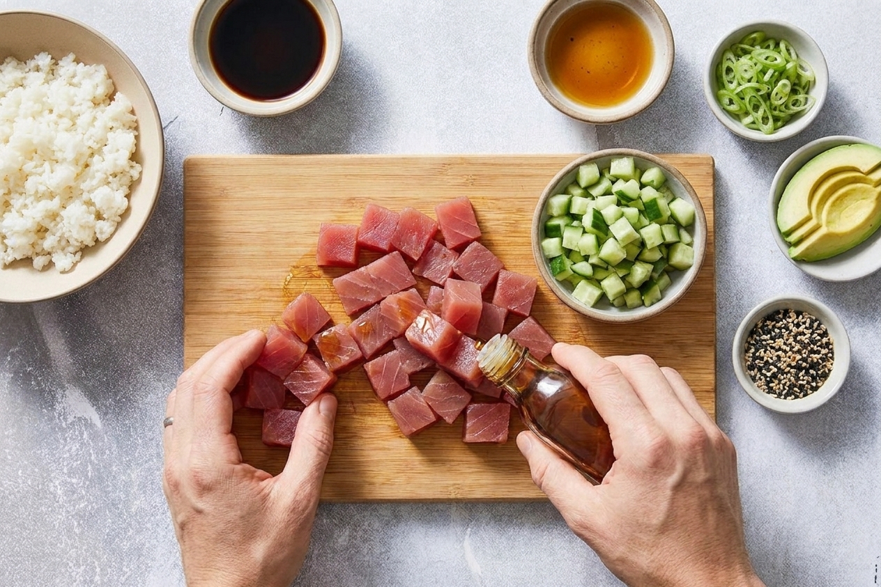 Fresh poke bowl ingredients arranged on a kitchen counter including sushi rice, raw tuna, soy sauce, sesame oil, cucumbers, scallions, avocado, and sesame seeds