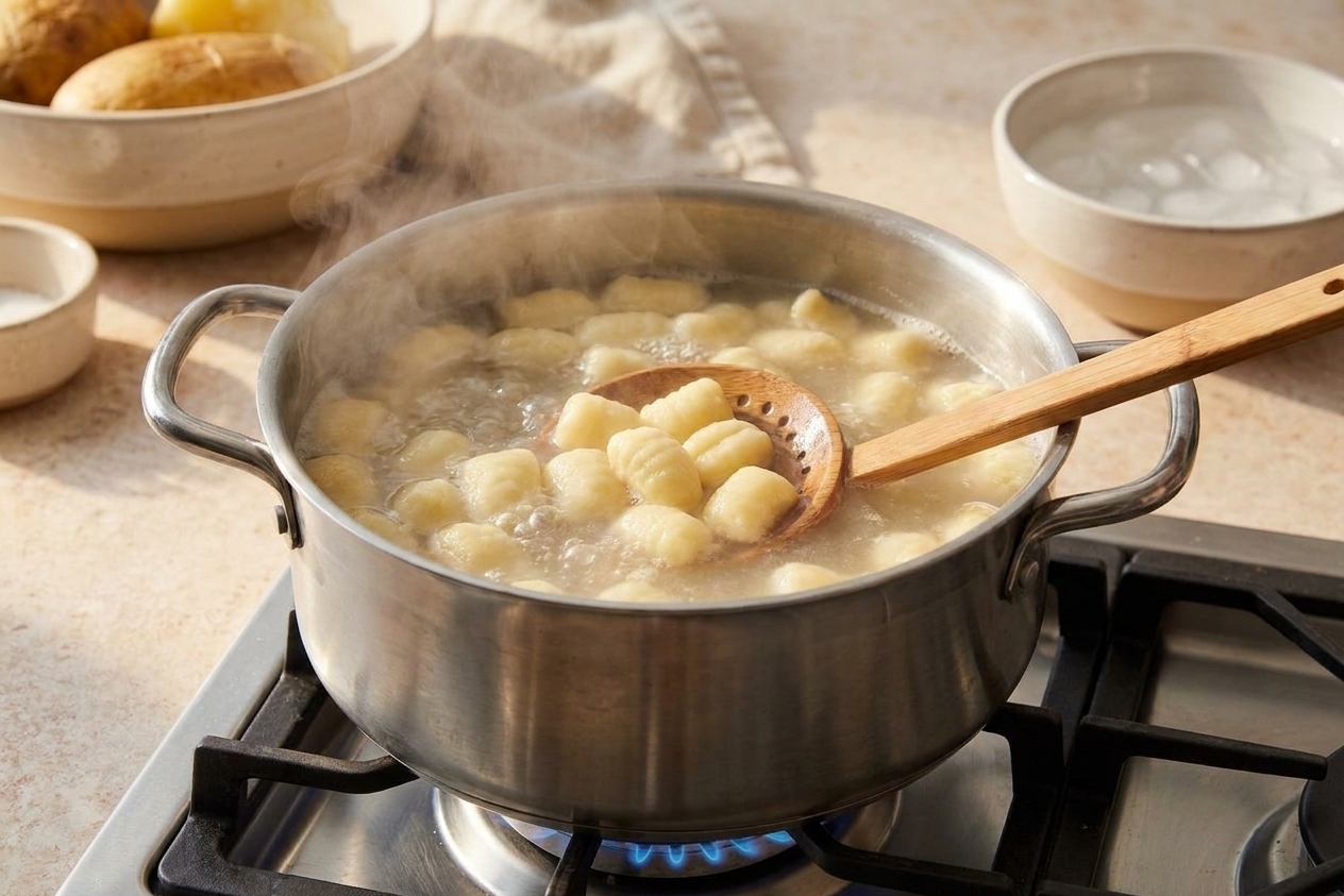 Fresh potato gnocchi floating at the surface of a pot of boiling salted water, steam rising