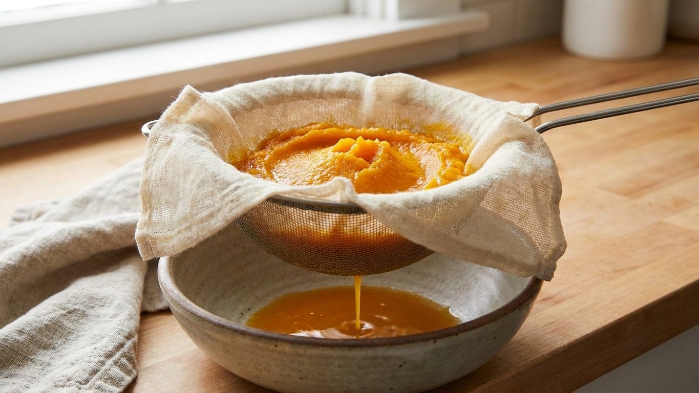 Fresh pumpkin puree draining in a cheesecloth-lined fine mesh strainer set over a bowl on a countertop