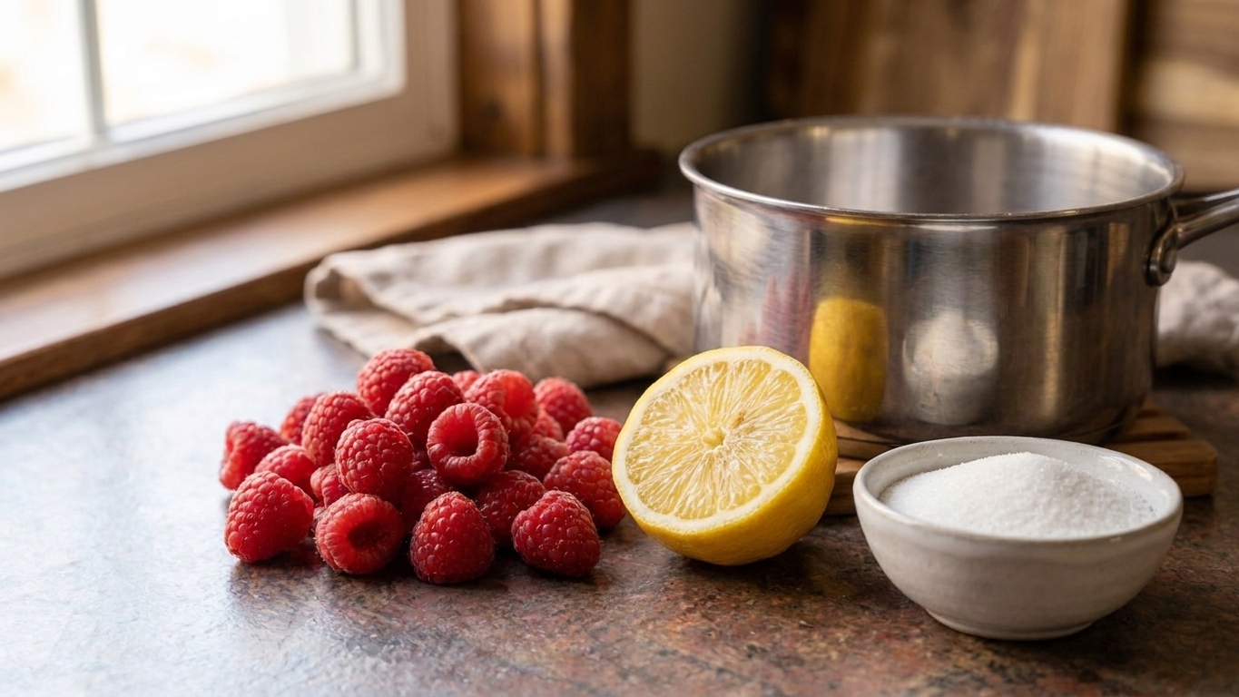 Fresh raspberries, a halved lemon, and measured sugar arranged on a clean kitchen counter with a saucepan nearby
