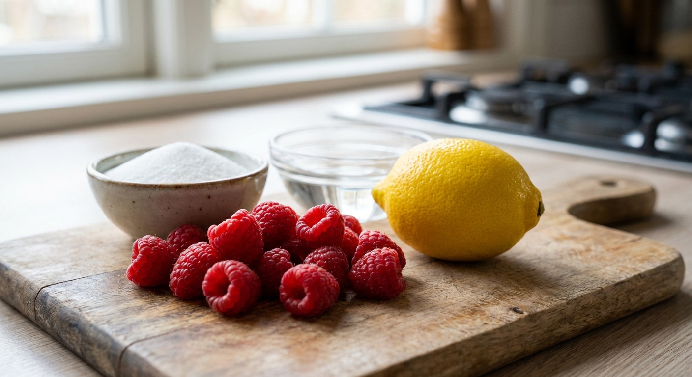Fresh raspberries, a lemon, granulated sugar, and a small bowl of water arranged on a wooden cutting board on a kitchen counter
