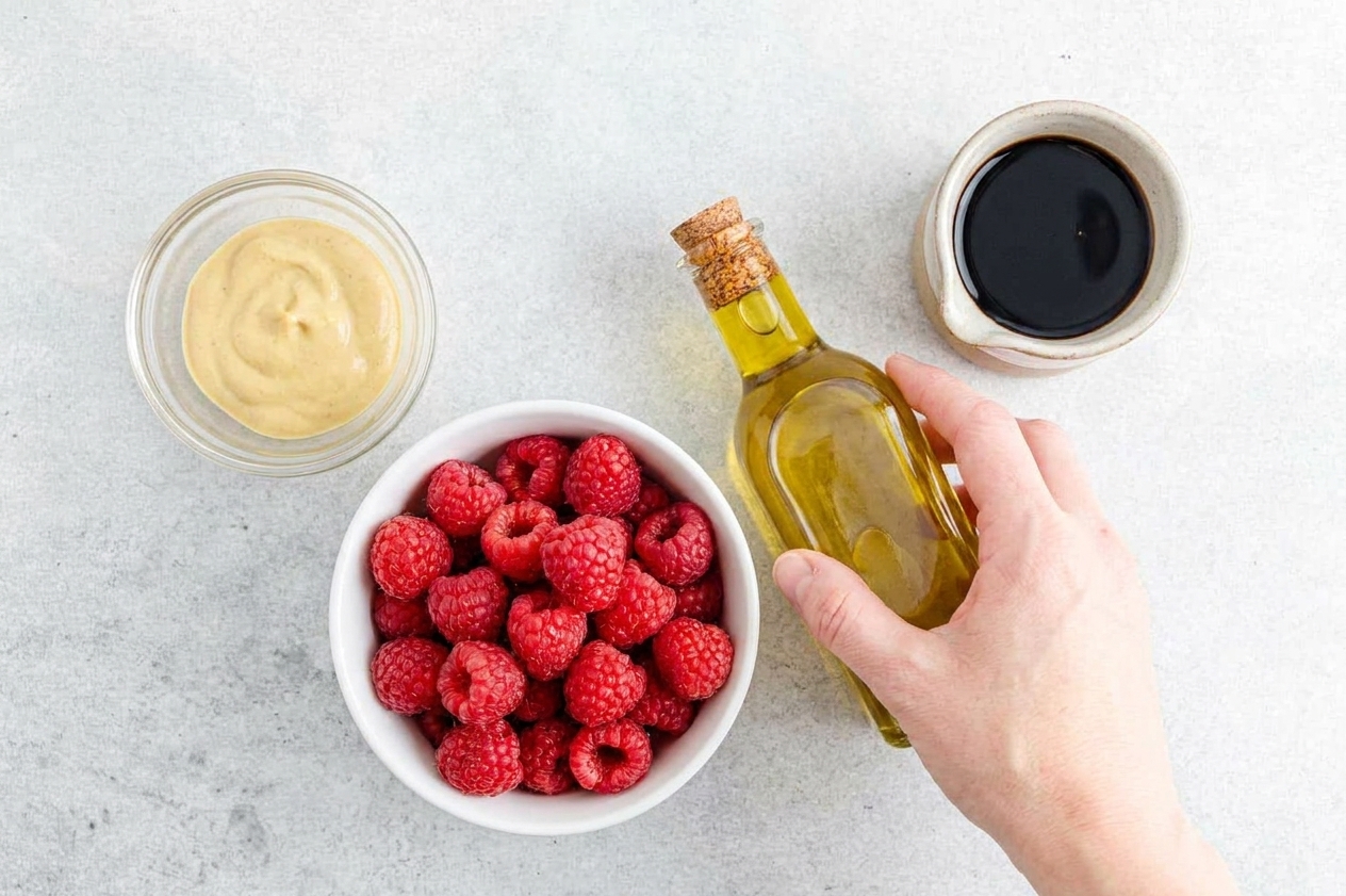 Fresh raspberries, a small bowl of Dijon mustard, a bottle of olive oil, and a small pitcher of vinegar arranged on a clean kitchen counter