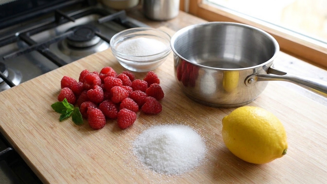 Fresh raspberries, granulated sugar, a lemon, and a small saucepan arranged on a light kitchen counter