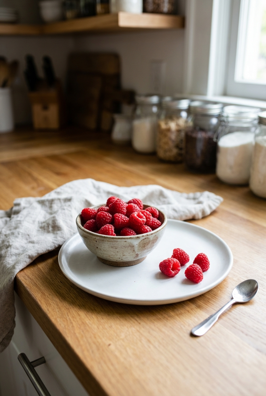 Fresh raspberries in a small bowl with a few scattered on a plate
