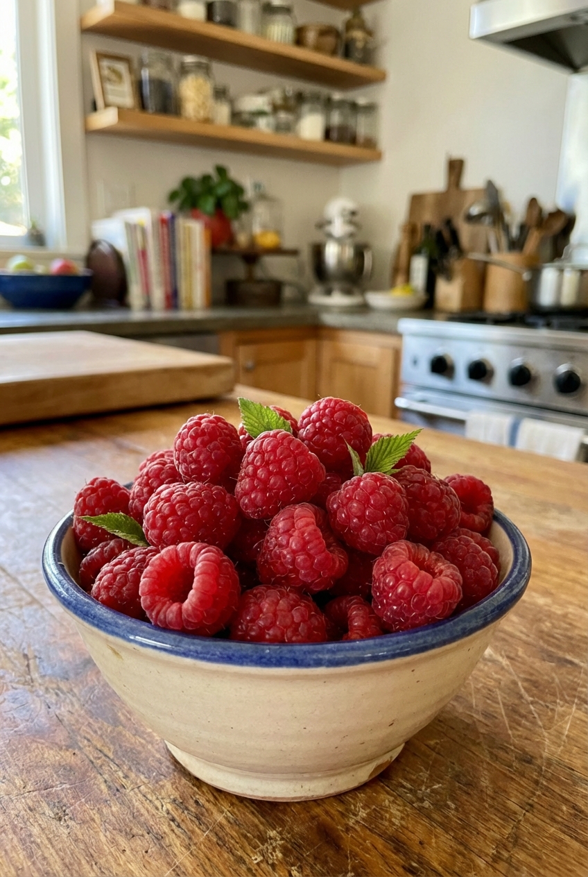 Fresh raspberries in a small bowl
