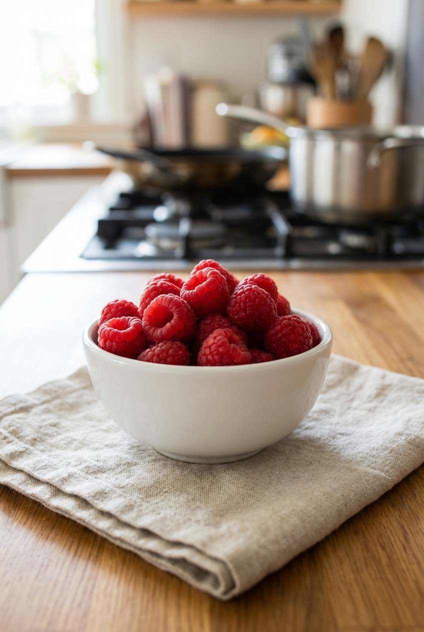 Fresh raspberries in a small white bowl on a linen napkin