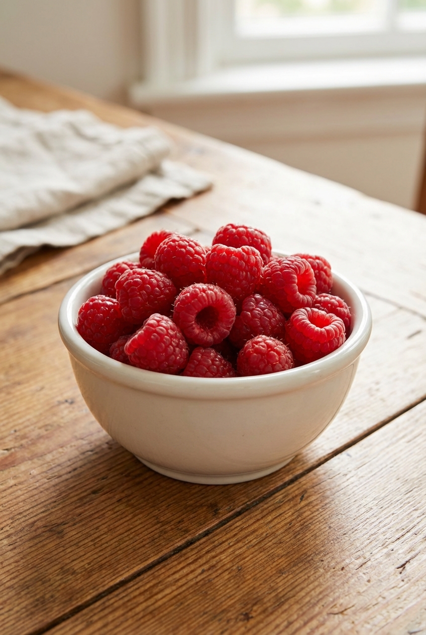 Fresh raspberries in a small white bowl on a wooden table