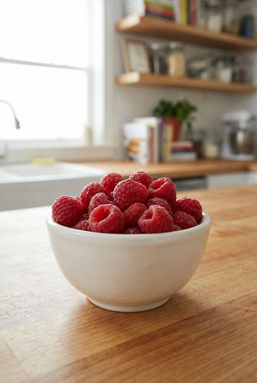 Fresh raspberries in a small white bowl