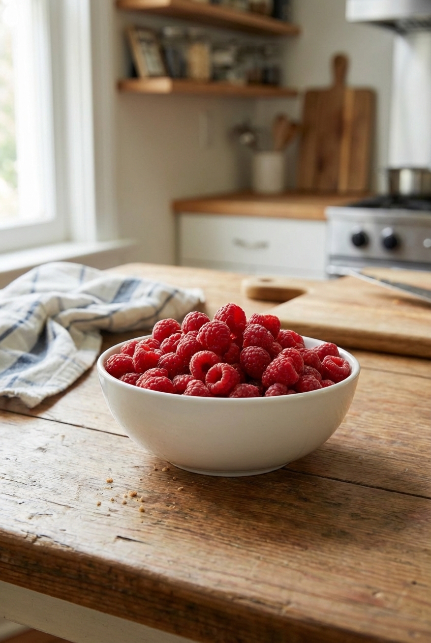 Fresh raspberries in a white bowl on a kitchen counter