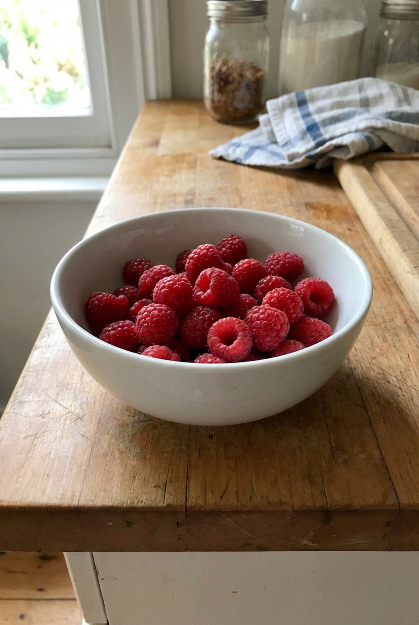 Fresh raspberries in a white bowl on a kitchen counter