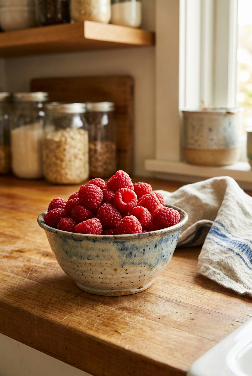 Fresh raspberries piled in a small ceramic bowl on a kitchen counter