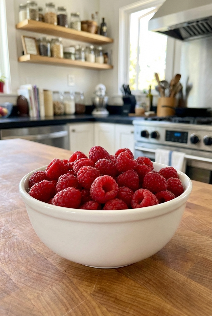 Fresh raspberries piled in a white bowl on a kitchen counter