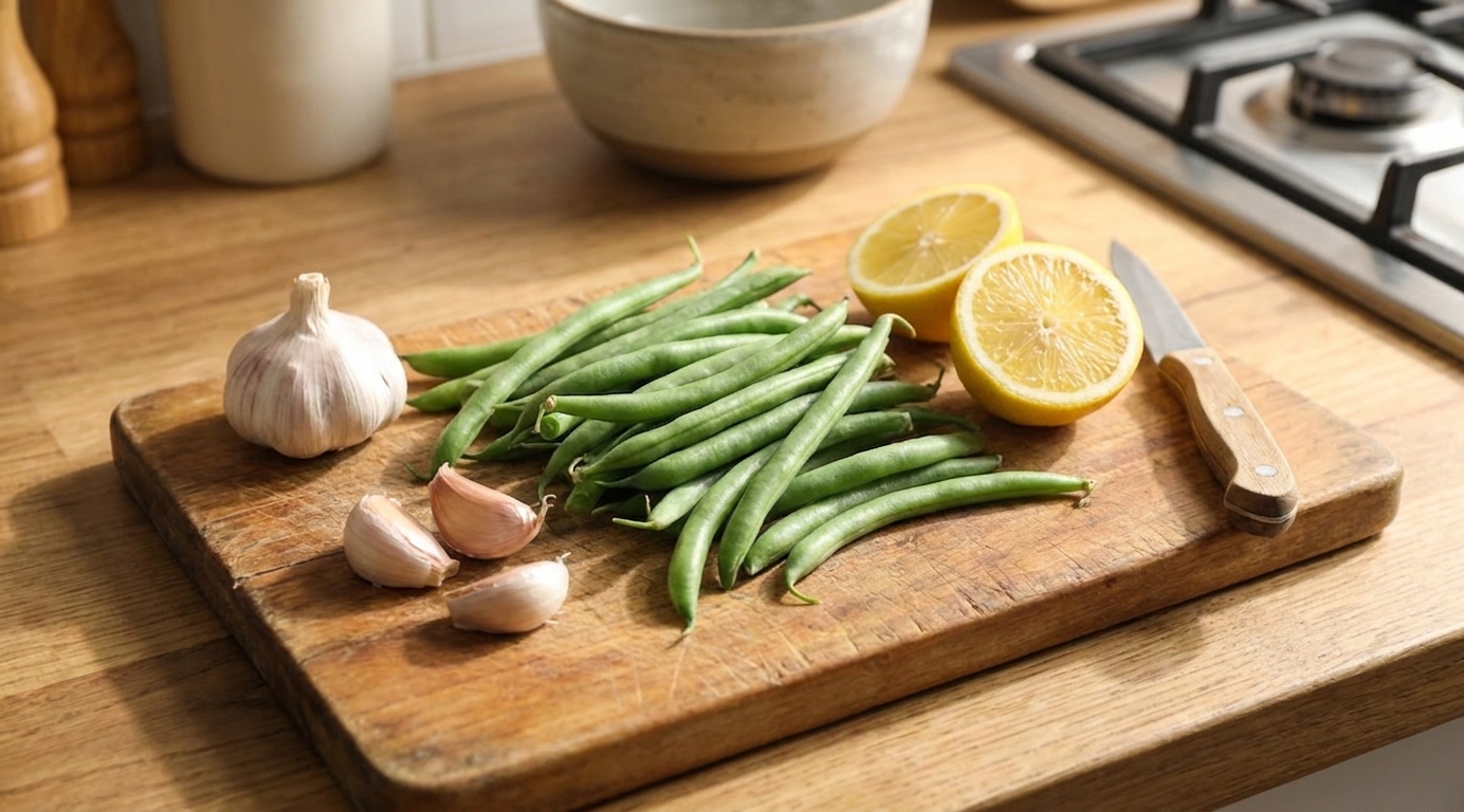 Fresh raw green beans, whole garlic cloves, and a halved lemon arranged on a wooden cutting board on a bright kitchen counter
