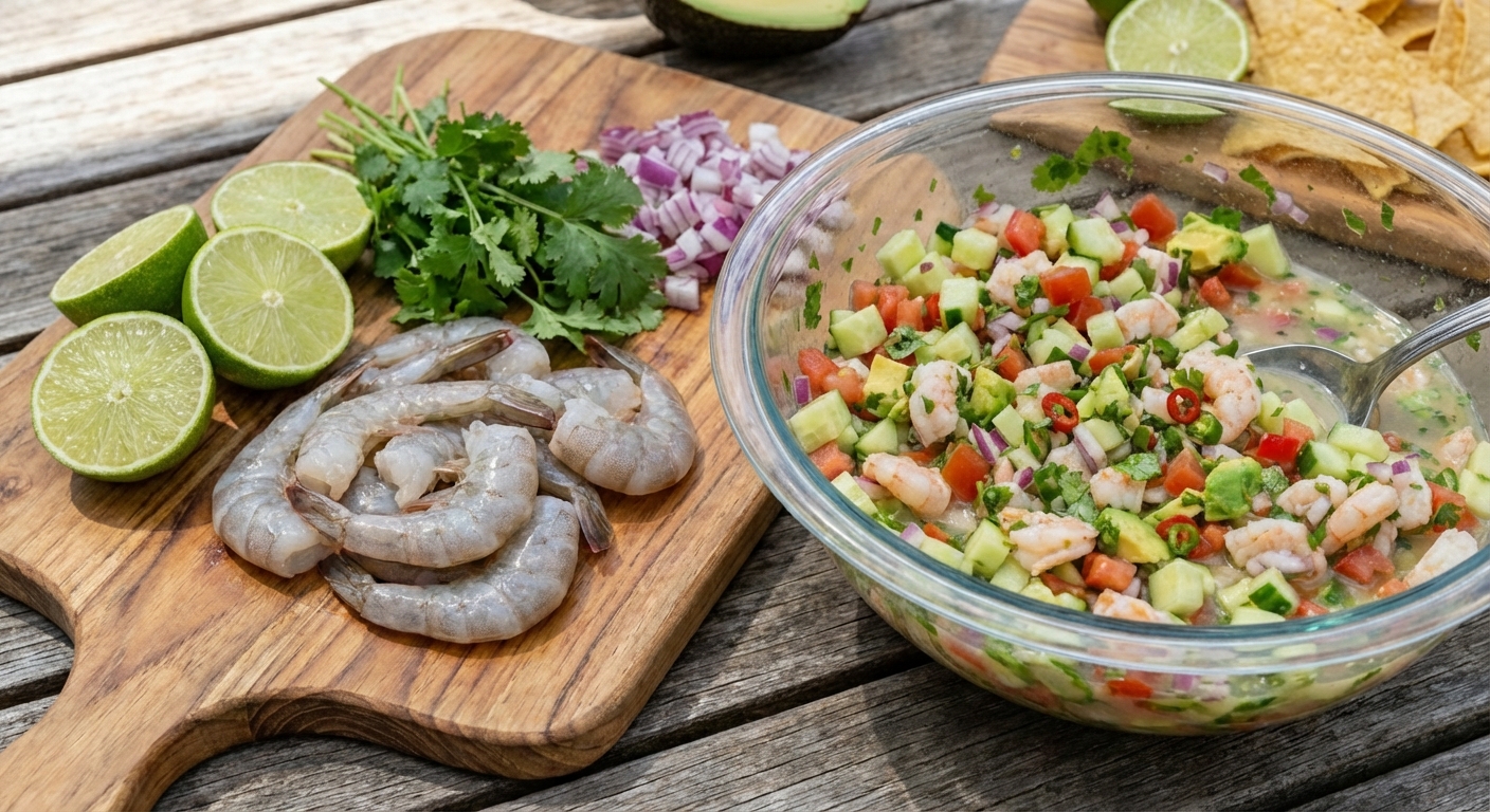 Fresh raw shrimp on a cutting board next to limes, cilantro, red onion, and a bowl of diced vegetables