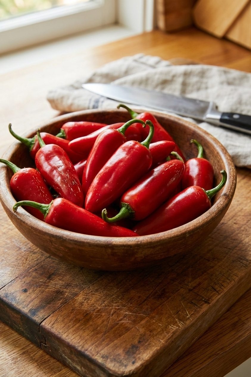 Fresh red Fresno chiles and red jalapeños piled in a bowl on a wooden cutting board