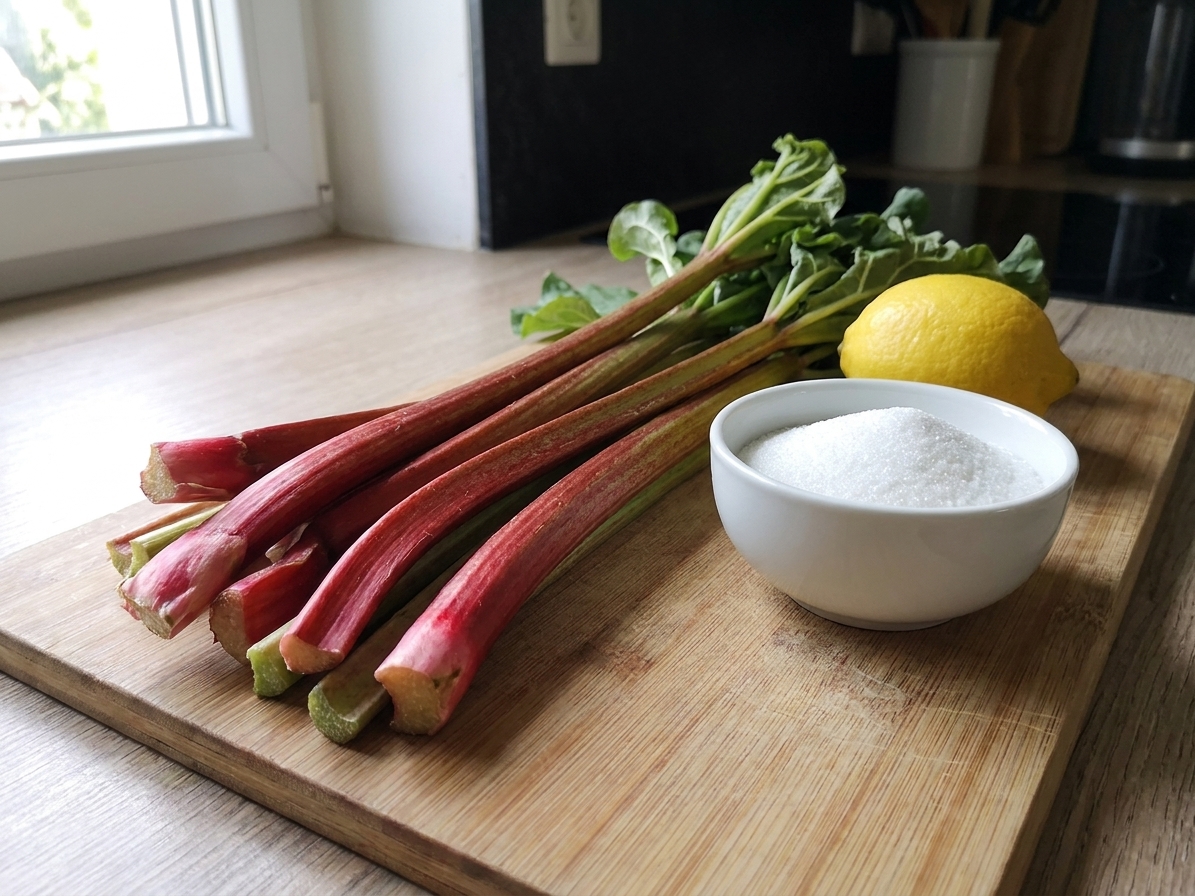 Fresh rhubarb stalks and a lemon on a wooden cutting board with a small bowl of sugar nearby on a bright kitchen counter