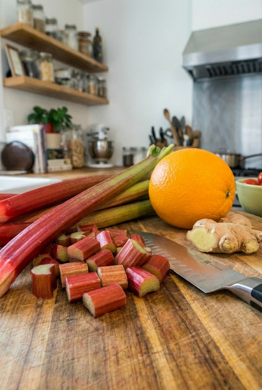 Fresh rhubarb stalks chopped on a wooden cutting board next to an orange and a knob of ginger