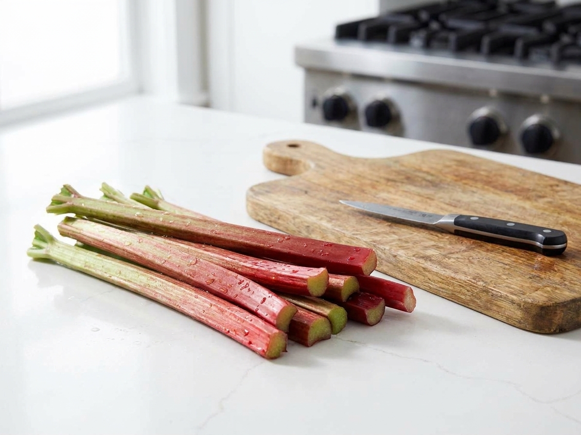 Fresh rhubarb stalks trimmed and rinsed on a light stone kitchen counter next to a small paring knife and cutting board in natural daylight