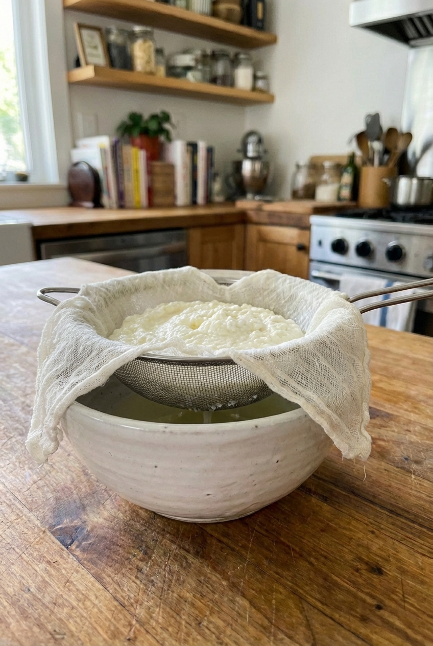 Fresh ricotta curds draining in a cheesecloth-lined strainer over a bowl in a home kitchen