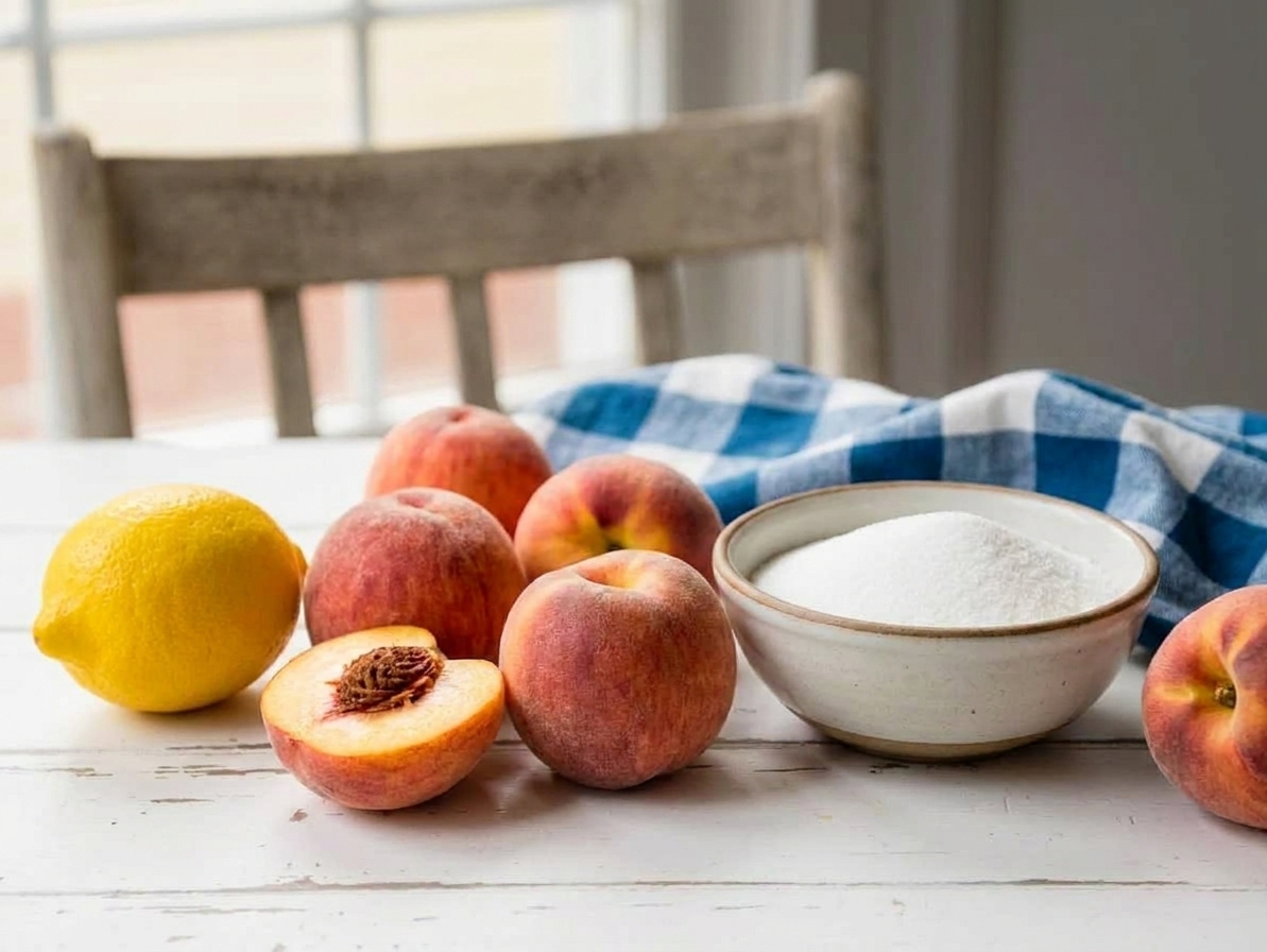 Fresh ripe peaches, a lemon, and a bowl of sugar arranged on a clean kitchen counter with warm daylight