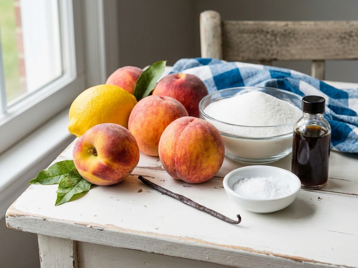 Fresh ripe peaches, a lemon, granulated sugar, vanilla, and a small bowl of salt arranged on a clean kitchen counter in natural light