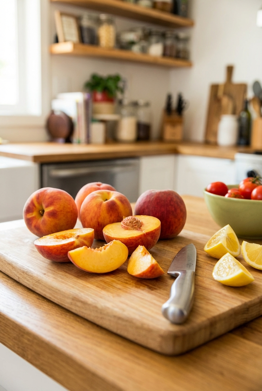 Fresh ripe peaches on a cutting board with a knife and lemon wedges nearby