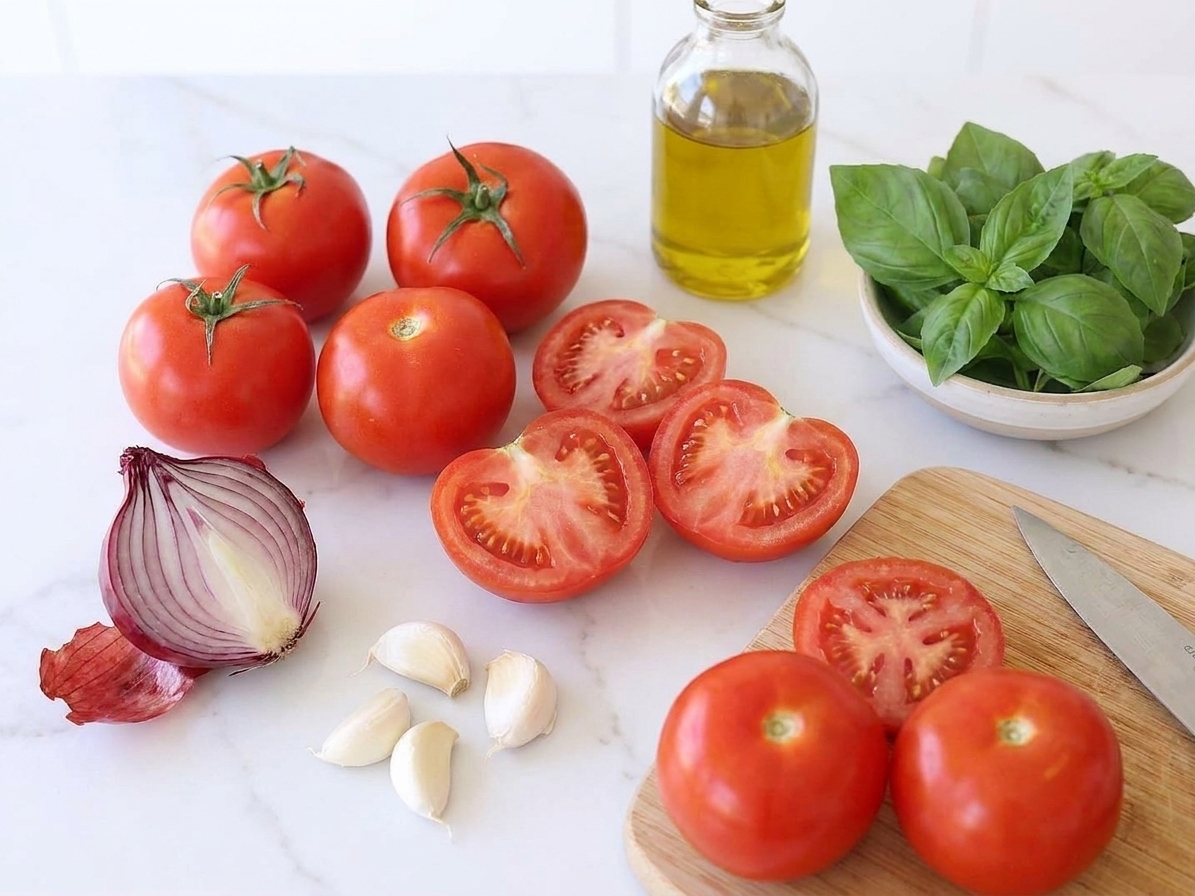 Fresh ripe tomatoes, a halved onion, and whole garlic cloves arranged on a kitchen counter next to olive oil and herbs, ready for soup prep