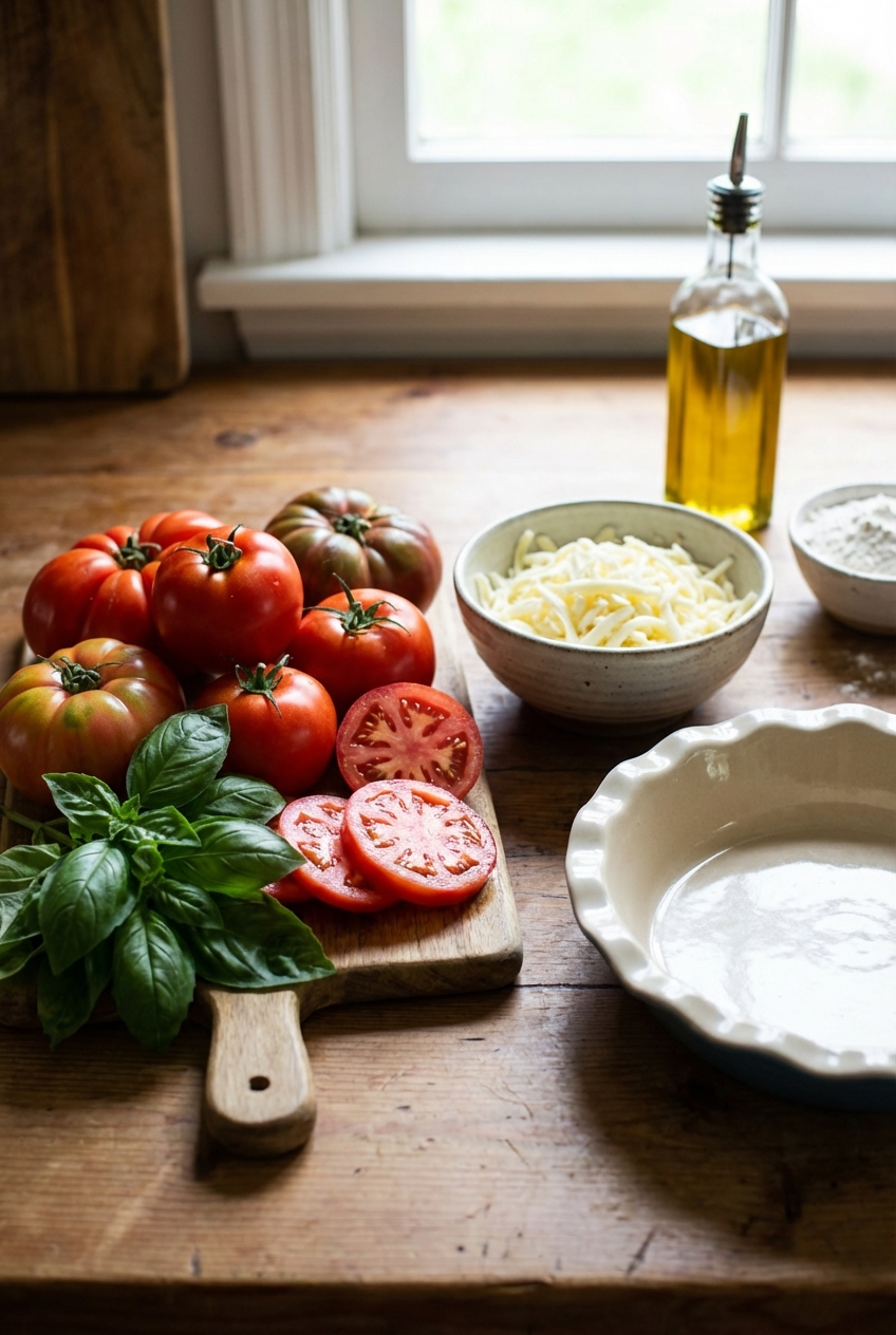 Fresh ripe tomatoes, basil, and shredded cheese arranged on a kitchen counter next to a pie dish