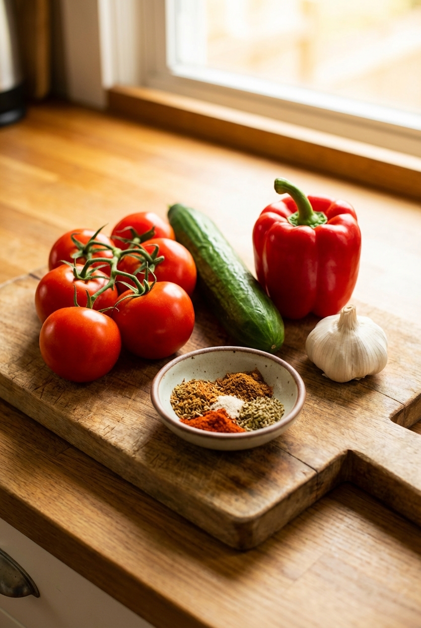 Fresh ripe tomatoes, cucumber, red bell pepper, garlic, and a small bowl of spices arranged on a wooden cutting board